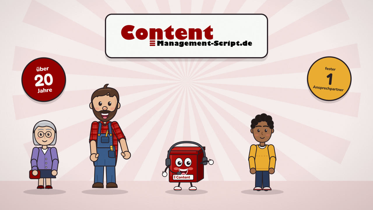 Vorschaubild des Erklärvideos Was ist contentmanagement-script.de?: Tischlermeister Jonas, das rote Content-Paket und zwei Kunden